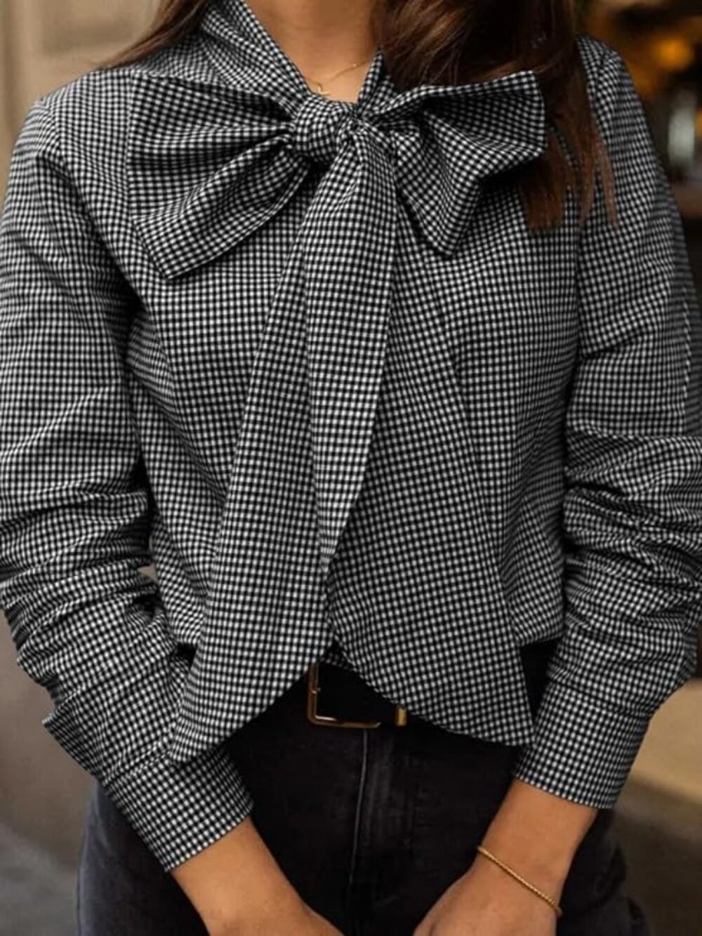 Classic Black & White Gingham Tie-Neck Button Down Shirt
